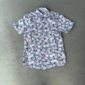 Ted Baker London Floral Short Sleeve Button Shirt Size 3 (M) Pink Gray Cotton